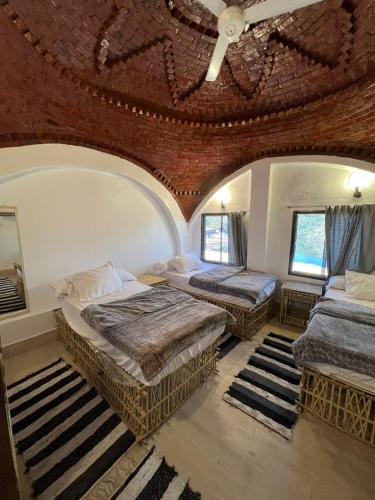 two beds in a room with a brick ceiling at Torya Nubian House in Aswan