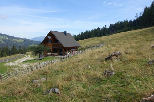 una cabaña de madera en una colina en un campo en Gerstbreinhütte en Bad Sankt Leonhard im Lavanttal