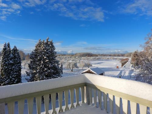 a winter view from the balcony of a house at Atpūtas komplekss "Ratnieki" in Ratnieki