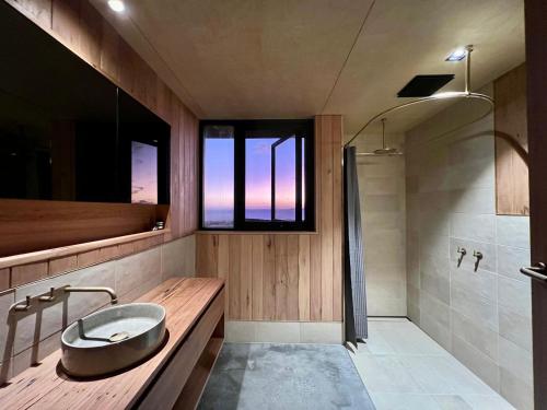 a bathroom with a sink and a shower with a window at Native Dog Cabin in Bremer Bay