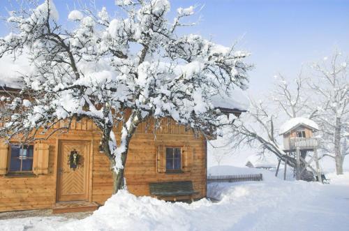a snow covered tree in front of a log cabin at Ferienhaus Lenzenbauer in Salzburg