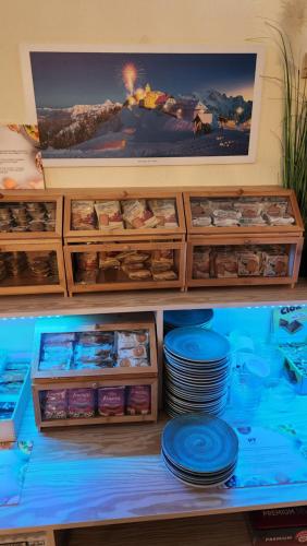 a cabinet filled with blue plates and dishes at Hotel Tarvisio Four Seasons in Tarvisio