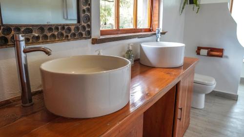 a bathroom with a large sink on a wooden counter at The Treehouse in Nakuru