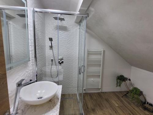 ein Badezimmer mit Glasdusche und Waschbecken in der Unterkunft Mery's Home in Bran