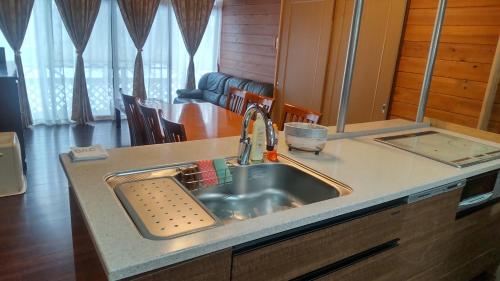 那須的住宿－貸別荘「ブライト那須」，厨房里带一个水槽和一台变压器
