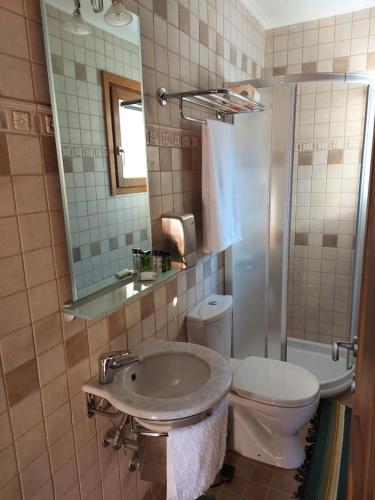 a bathroom with a sink and a toilet and a mirror at Xenios Petritis in Levádeia