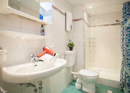 een badkamer met een wastafel, een toilet en een douche bij Lindenhof am See in Winterberg