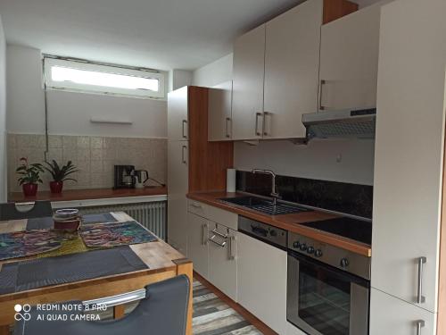 a kitchen with a sink and a stove top oven at Nordlicht in Schortens