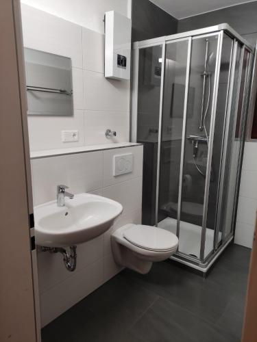 ein Bad mit einem WC, einer Dusche und einem Waschbecken in der Unterkunft Ferienwohnung Mause in Winterberg