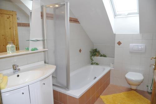 a bathroom with a shower and a sink and a toilet at Landhaus Gartler in Mauterndorf