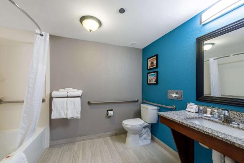 a bathroom with a toilet and a sink and a mirror at Comfort Inn Chicago Schaumburg - O'Hare Airport in Schaumburg