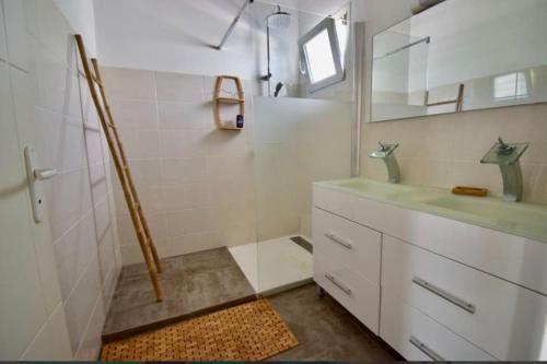 uma casa de banho com um chuveiro, um lavatório e um espelho. em Villa Colibri em Les Trois-Îlets