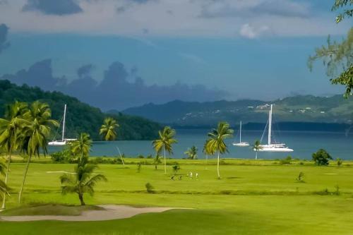 a golf course with palm trees and boats in the water at Villa Colibri in Les Trois-Îlets