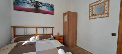 1 dormitorio con cama y espejo en la pared en Casa de Huespedes Onoba-Habitaciones, en Huelva