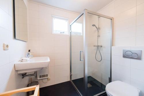 y baño con ducha, lavabo y aseo. en Amelander Kaap appartement 1, en Hollum