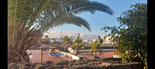 a view of a resort with palm trees and water at Suite Bucica in Teguise