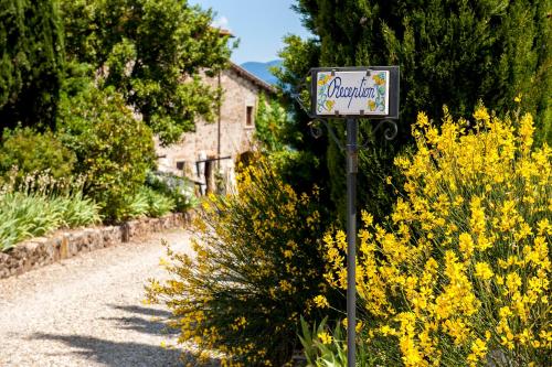 a sign in the middle of a garden with yellow flowers at Agriturismo Fattoria Lavacchio in Pontassieve