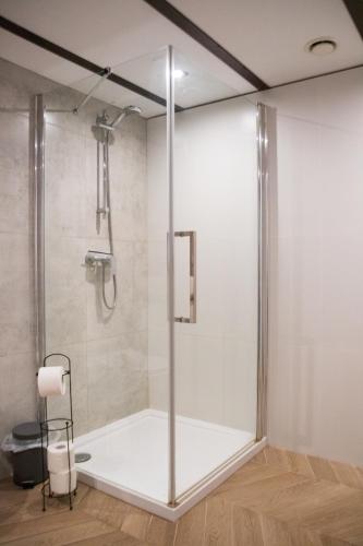 a shower with a glass door in a bathroom at RedCity LOFT 303 in Żyrardów
