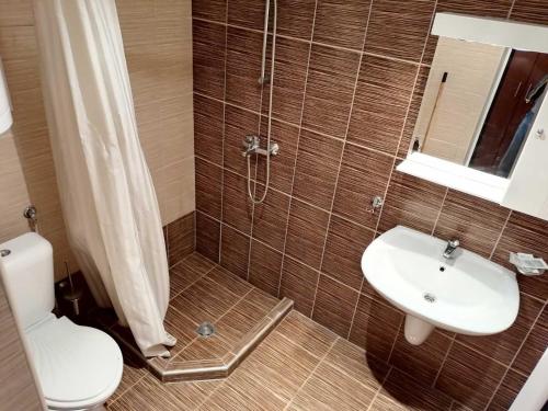 a bathroom with a shower and a toilet and a sink at Apartment Dream Pamporovo in Pamporovo
