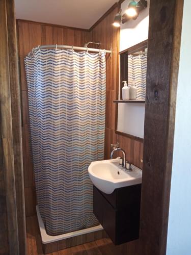 a bathroom with a shower curtain and a sink at Pura Vida Chapadmalal in Colonia Chapadmalal