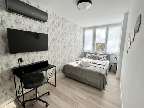 um quarto com uma cama, uma secretária e uma televisão em Millennium Apartman Tatabánya em Tatabánya