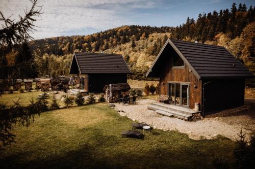 Cabaña de madera con vistas a una casa en Szumilove Domki z saunami w Bieszczadach, en Baligród