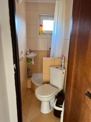 a small bathroom with a toilet and a sink at Chata Tatranka in Štôla