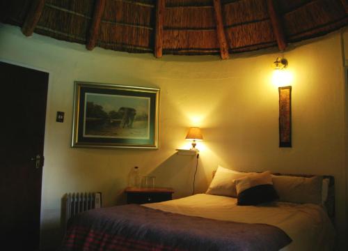 1 dormitorio con 1 cama y una foto en la pared en Karoo Pred-a-tours/Cat Conservation Trust en Cradock