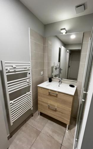 une salle de bain avec un lavabo et un miroir dans l'établissement Les Demoiselles de la Tour !, à Carcassonne