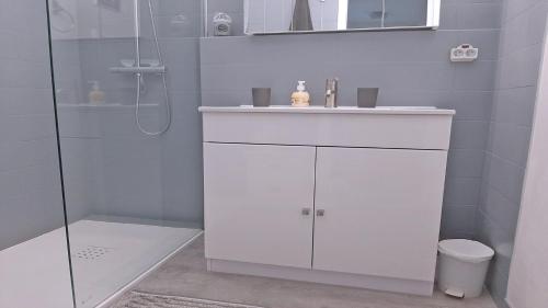 biała łazienka z umywalką i prysznicem w obiekcie Patio Fleuri w miejscowości Sainte-Maxime