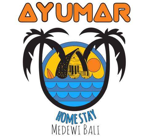 an illustration of a beach with palm trees and the words armen home system median at Ayumar Homestay Medewi in Pulukan