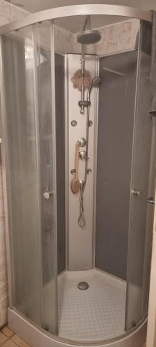 y baño con ducha y mampara de cristal. en Hote du Lion en Saint-Genis-Pouilly