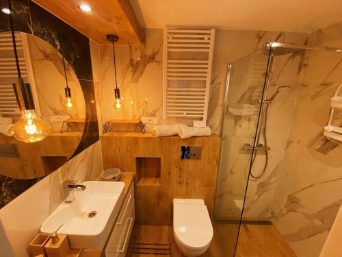 a bathroom with a toilet and a sink and a shower at Apartamenty Jagodzianka - Jacuzzi, Sauna, Tężnia solankowa in Ustrzyki Dolne