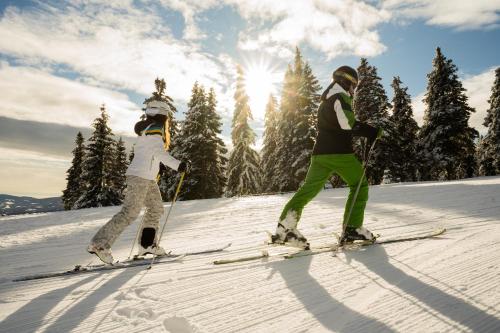 zwei Personen auf Skiern auf einer schneebedeckten Piste in der Unterkunft Moasterhaus Trialpark Salzstiegl in Hirschegg Rein