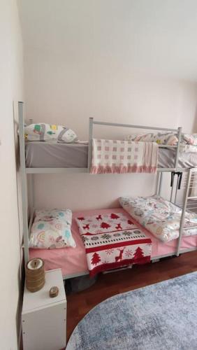 1 dormitorio con 2 literas y alfombra en Private room for friends, en Konak