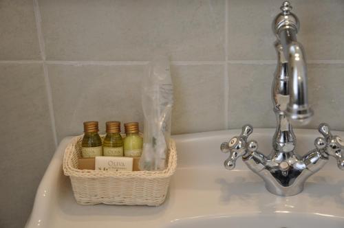 a basket sitting on a sink next to a faucet at Il Mattino Ha L'Oro In Bocca in Pisa