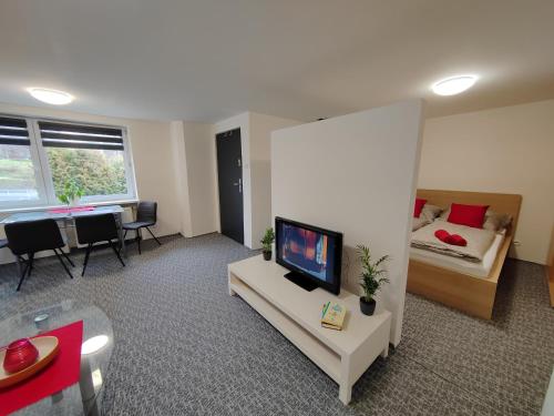 Apartments Merci في أوسترافا: غرفة معيشة فيها تلفزيون وسرير