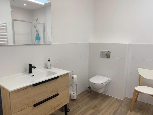 a white bathroom with a sink and a toilet at Gîte Camdeborde 2 personnes au cœur du village de Laruns in Laruns
