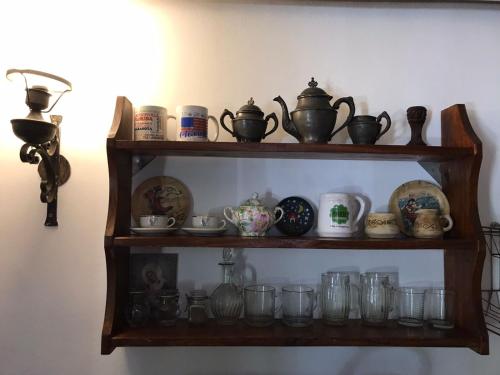 a shelf with cups and other glass items on it at Hermosa casita con jardín Goldas Haus in Florida