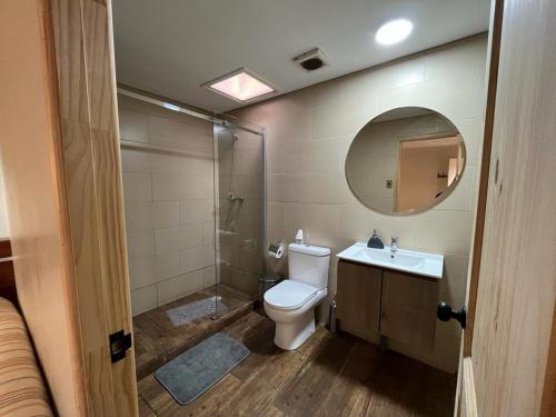 uma casa de banho com um WC, um chuveiro e um lavatório. em Hotel Restaurante Aconcagua em La Ligua