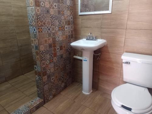 y baño con aseo, lavabo y ducha. en Hotel Verasol en Veracruz