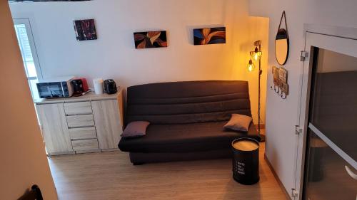 un sofá de cuero negro sentado en una sala de estar en Gite le Petit Doué en Noirlieu