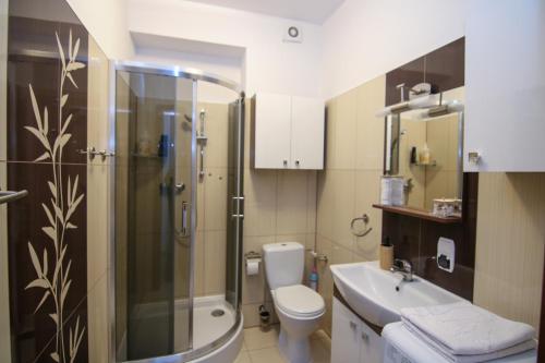 een badkamer met een douche, een toilet en een wastafel bij DMK Green Apartment near Warsaw-Modlin Airport in Nowy Dwór Mazowiecki