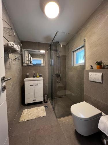 ein Bad mit einer Dusche, einem WC und einem Waschbecken in der Unterkunft Ortak Apartments in Belgrad