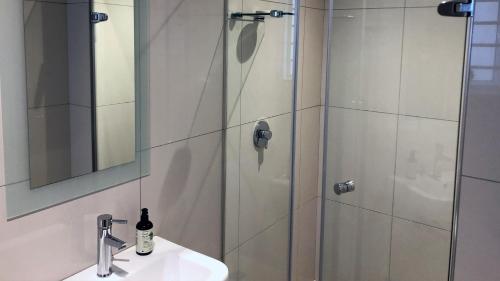 uma casa de banho com um chuveiro, um lavatório e um espelho. em Villa 17 - Spacious Apartment in Green Point na Cidade do Cabo