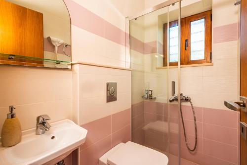 een badkamer met een wastafel, een toilet en een douche bij Iris Villas Lefkada - Karavi Villa in Évyiros
