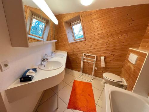 a bathroom with a sink and a toilet and a mirror at Gîte du Kiwi in Luttenbach-près-Munster