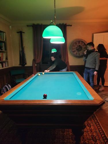 a group of people standing around a pool table at LE CLOS DU TULIPIER in La Chapelle-du-Bard
