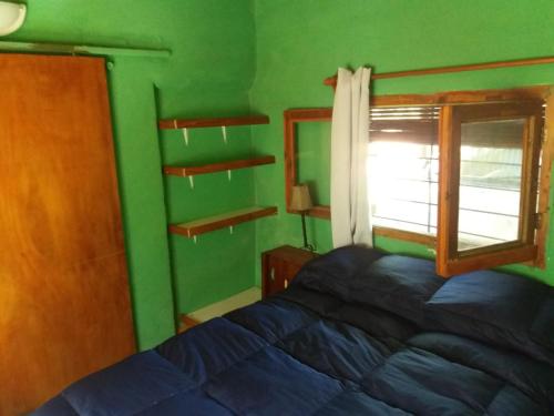 1 dormitorio con paredes verdes, 1 cama y ventana en Tole Tole, en Costa Azul