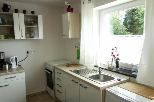 a small kitchen with a sink and a window at Ferienwohnung im bayerischen Wald in Tittling